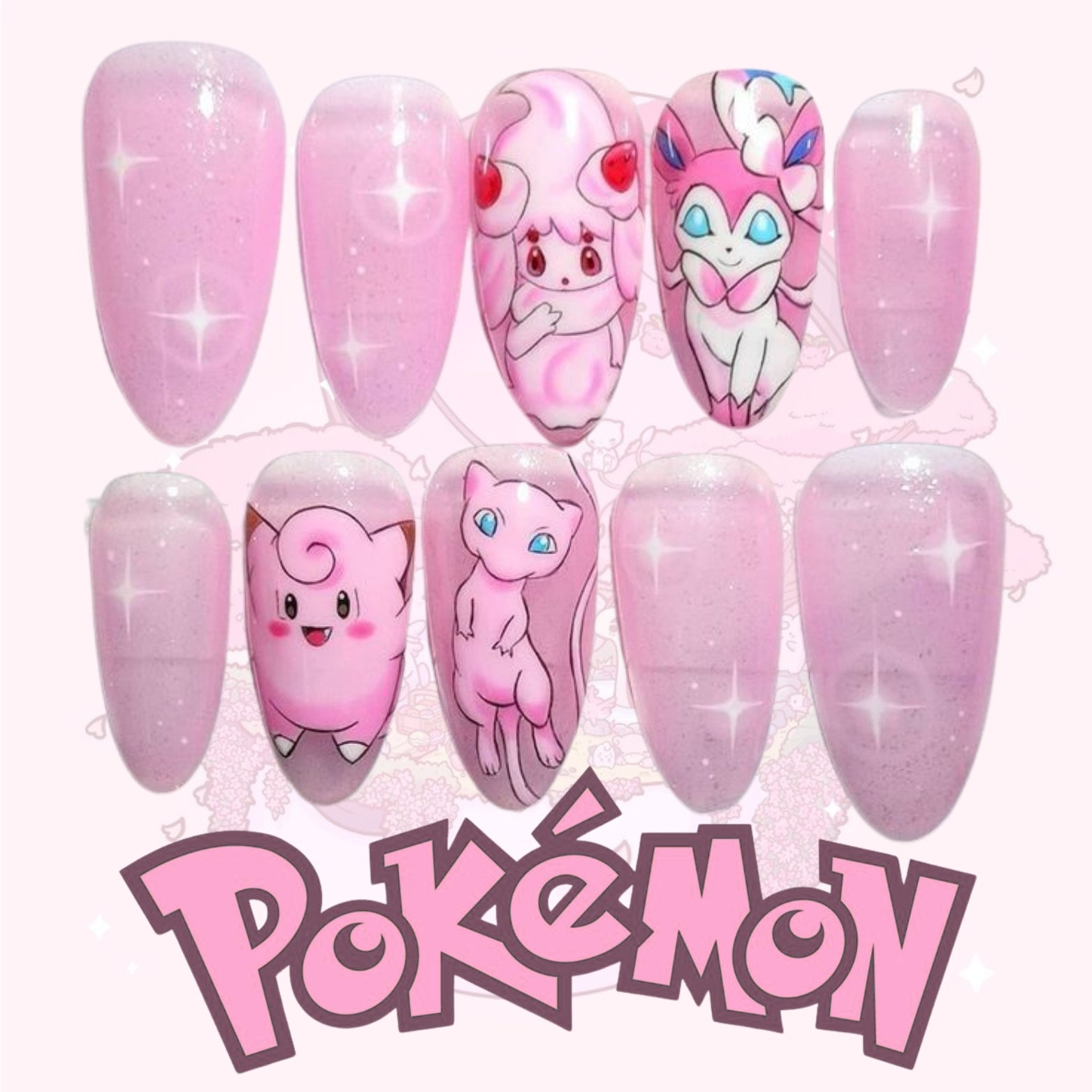 Pink Pokémon Nails – Mew, Sylveon &amp; Clefairy Press-On Nail Set, Sparkly Pastel Anime Design | Dragonnail