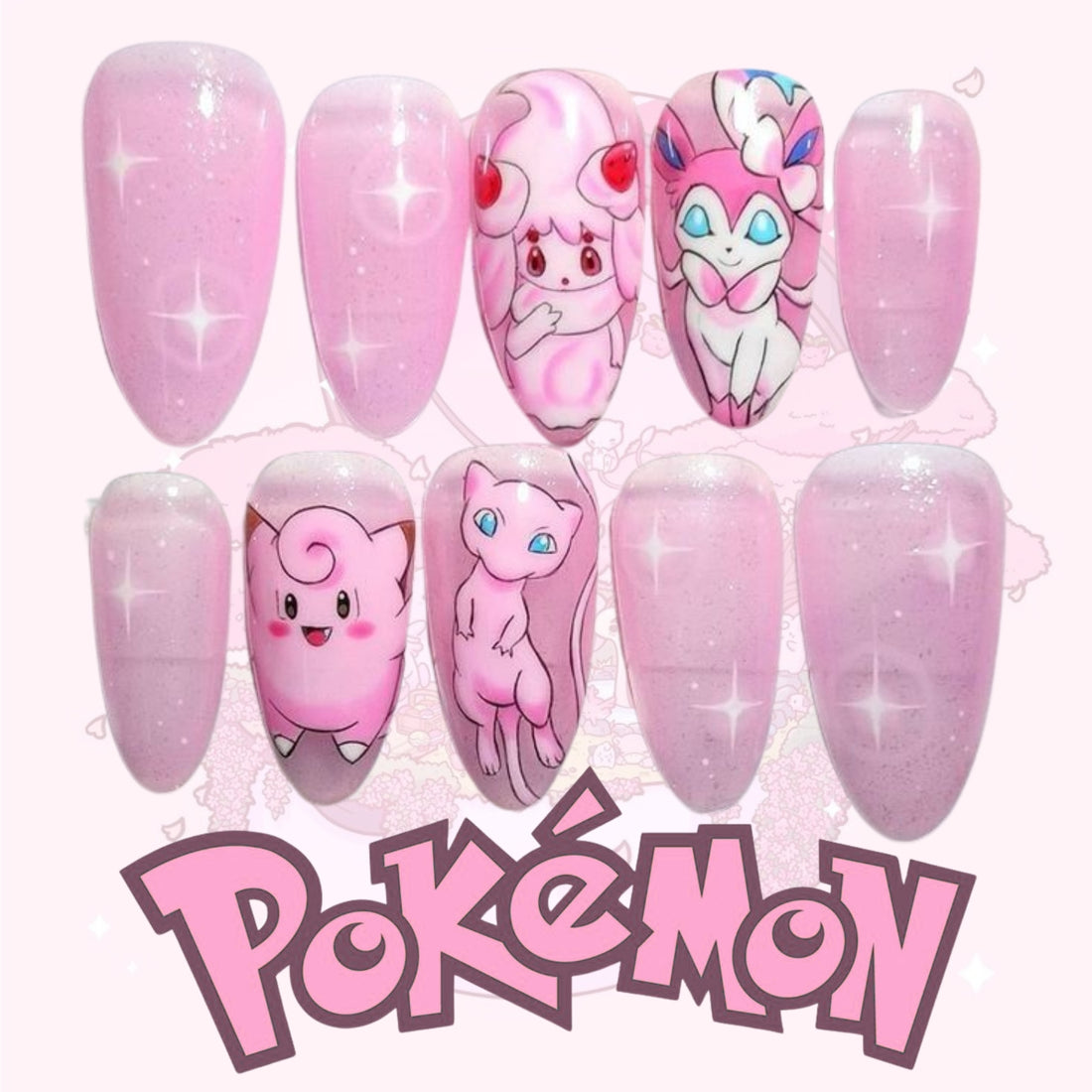Pink Pokémon Nails – Mew, Sylveon &amp; Clefairy Press-On Nail Set, Sparkly Pastel Anime Design | Dragonnail