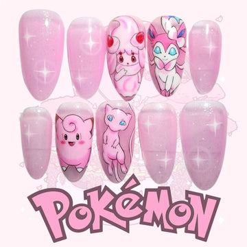 Pink Pokémon Nails – Mew, Sylveon &amp; Clefairy Press-On Nail Set, Sparkly Pastel Anime Design | Dragonnail