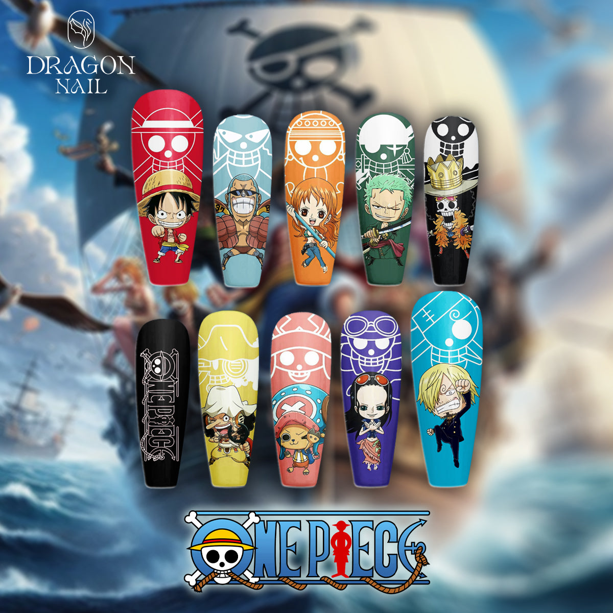 One Piece Nails – Luffy &amp; Straw Hat Crew Press-On Nail Set, Colorful Anime Pirate Design | Dragonnail