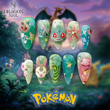 3D Pokémon Green Nails – Bulbasaur, Slowpoke &amp; Leafeon Press-On Nail Set, Cute Floral Design | Dragonnail