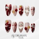 Red Chrome Christmas Tree Press-On Nails, Pink Glitter Holiday Nail Set with Pearls, Ornaments &amp; Gift Bow Designs — Reusable Festive Nails