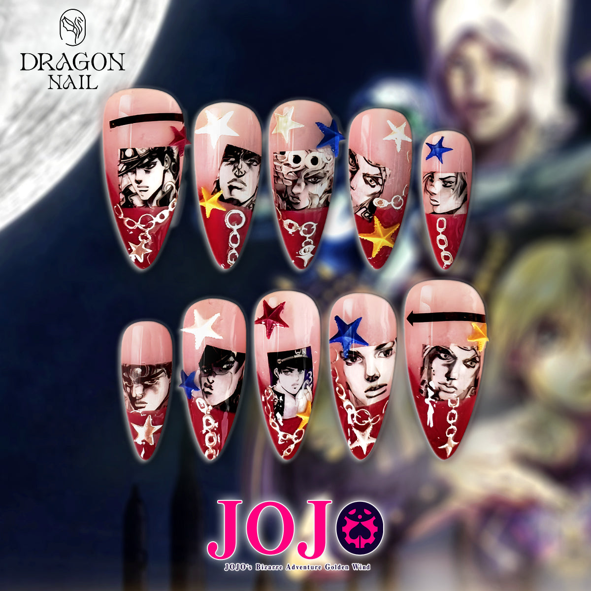 JoJo’s Bizarre Adventure Nails – Red Star Press-On Nail Set, Anime Character Art Design | Dragonnail