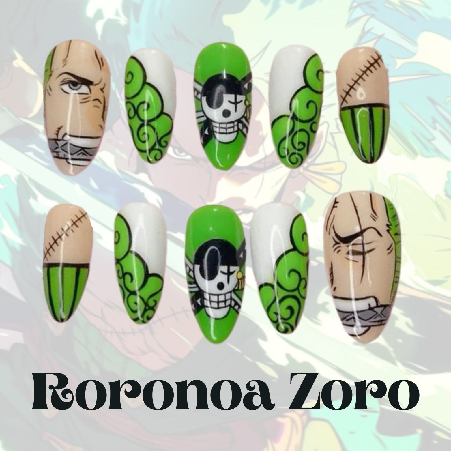 Roronoa Zoro Nails – One Piece Anime Press-On Set, Santoryu Green Design | Dragonnail