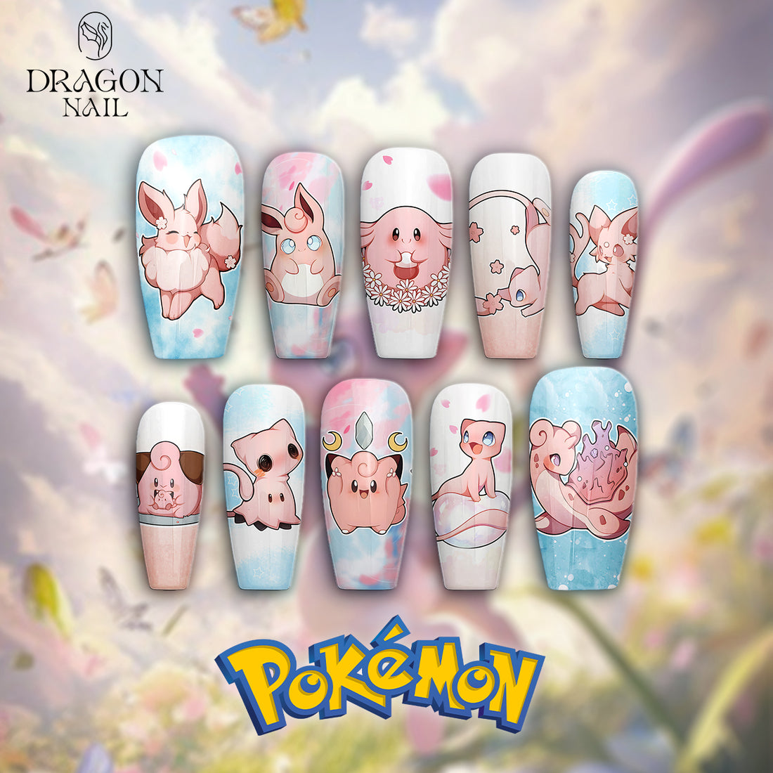 Pokémon Clefairy &amp; Jigglypuff Nails – Pastel Pink Press-On Nail Set, Cute Kawaii Anime Nail Art | Dragonnail