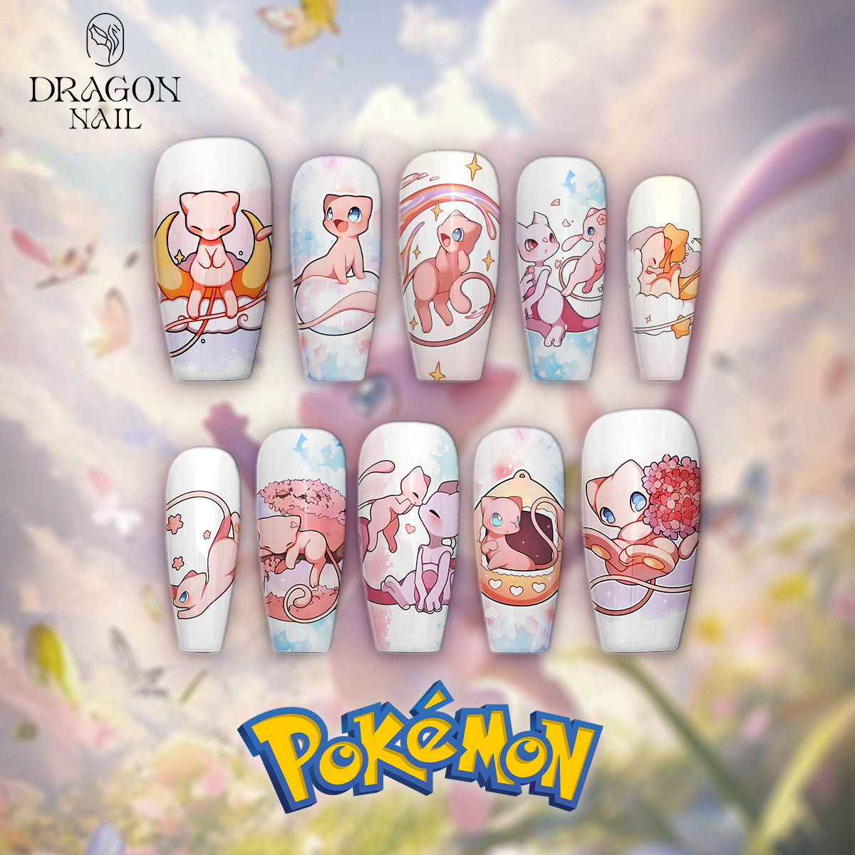 Pokémon Mew Nails – Pastel Pink Press-On Nail Set, Cute Anime Nail Art with Magical Theme | Dragonnail