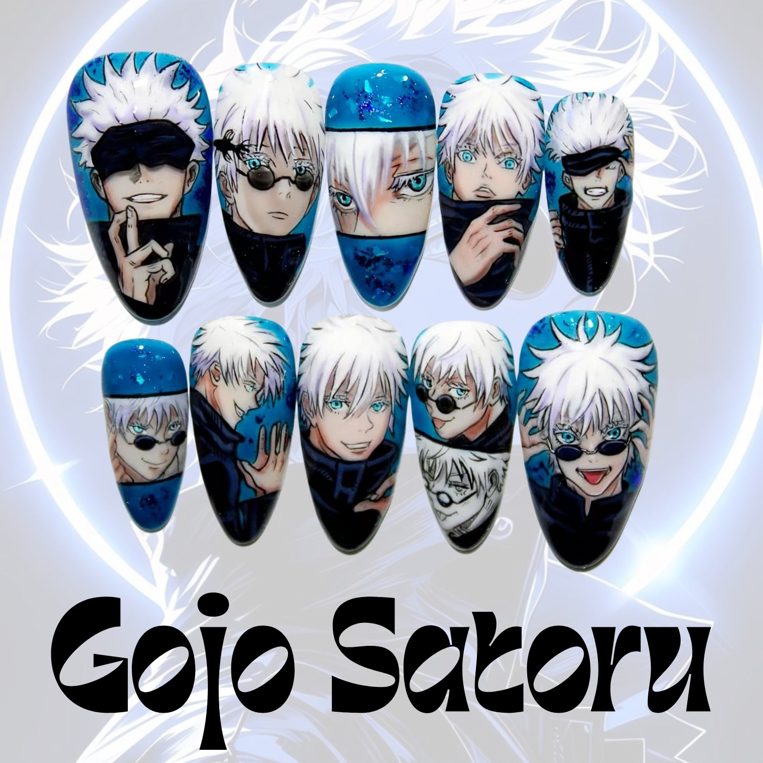 Gojo Satoru Nails – Jujutsu Kaisen JJK Press-On Nail Set, Iconic Blue Anime Design | Dragonnail