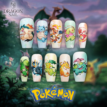 Pokémon Battle Nails – Charizard, Blastoise &amp; Dragonite Press-On Nail Set, Vibrant Anime Art | Dragonnail