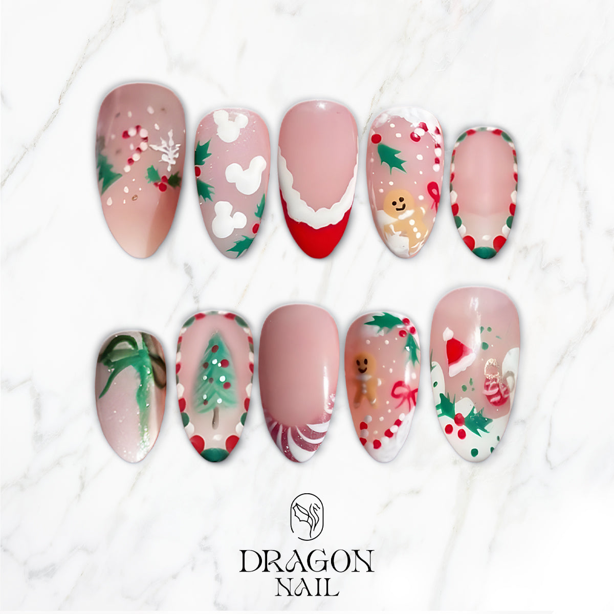 Christmas Mismatch Press-On Nails, Red &amp; Green Holiday Nail Set with Gingerbread, Holly &amp; Candy Cane Designs