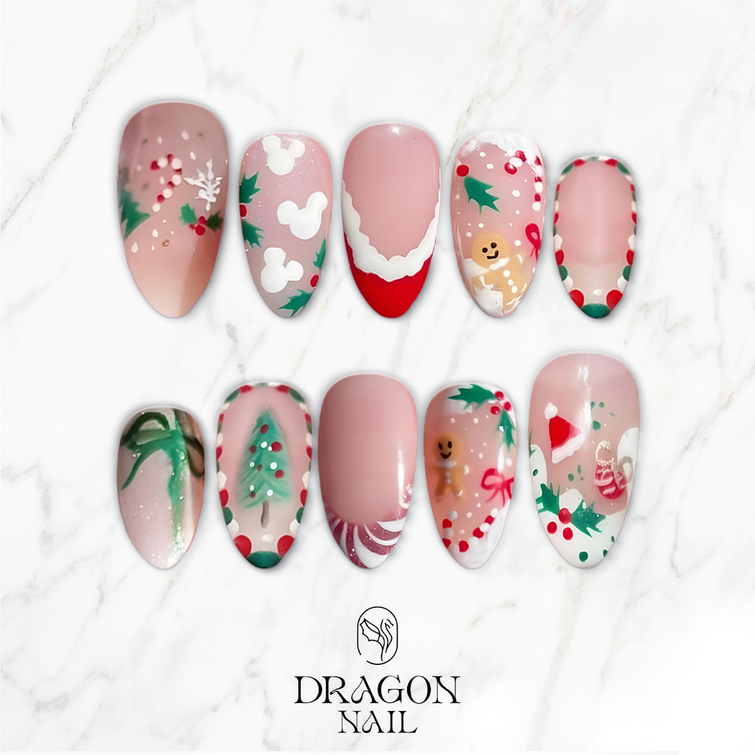 Christmas Mismatch Press-On Nails, Red &amp; Green Holiday Nail Set with Gingerbread, Holly &amp; Candy Cane Designs