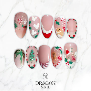Christmas Mismatch Press-On Nails, Red &amp; Green Holiday Nail Set with Gingerbread, Holly &amp; Candy Cane Designs