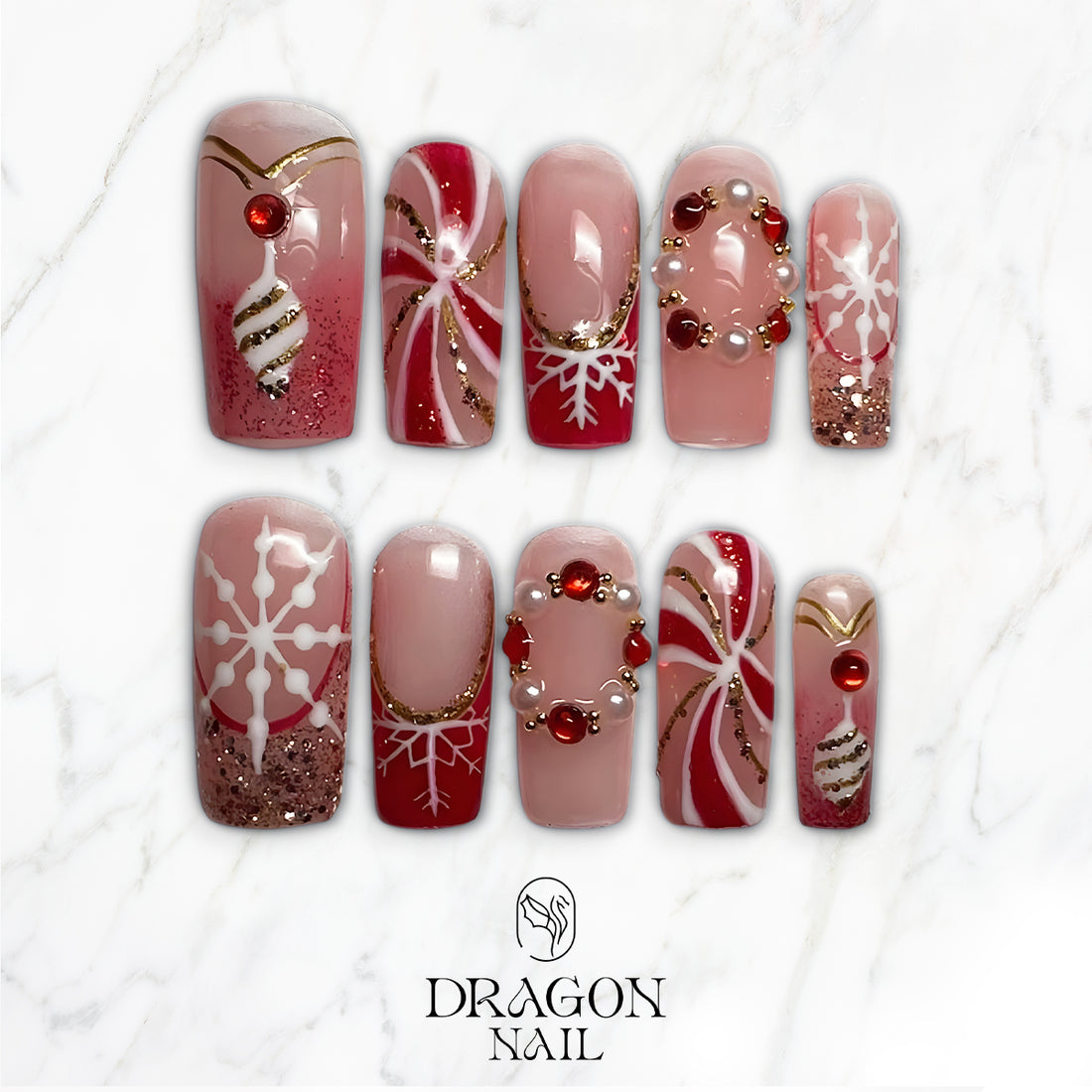 Red &amp; Gold Snowflake Press-On Nails, Christmas Ornament Nail Set with Pearls, Glitter &amp; Candy Swirl Design — Elegant Holiday Nail Art