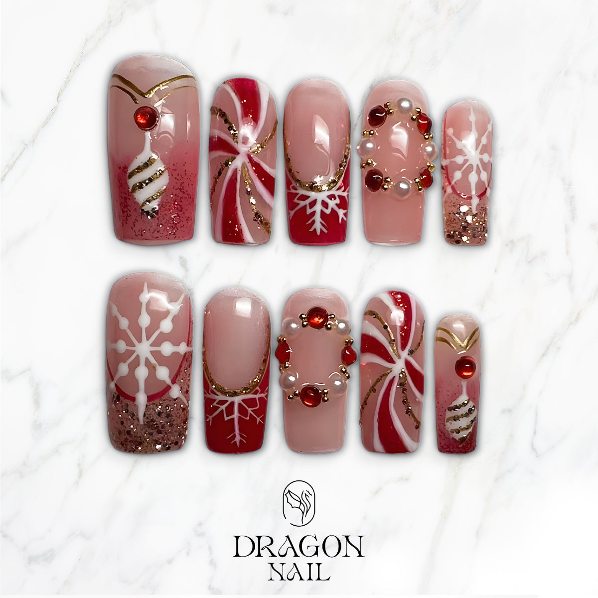 Red &amp; Gold Snowflake Press-On Nails, Christmas Ornament Nail Set with Pearls, Glitter &amp; Candy Swirl Design — Elegant Holiday Nail Art