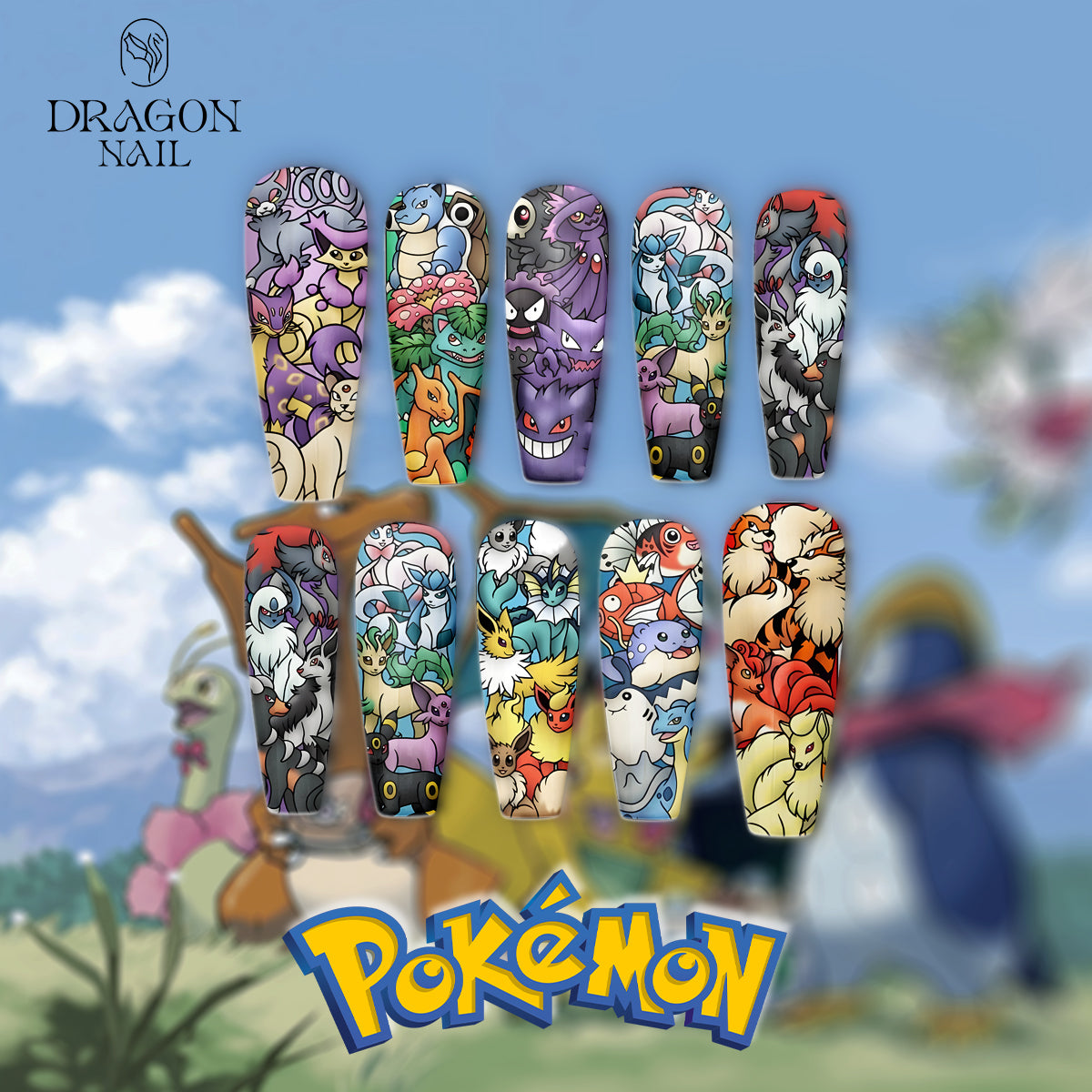 Pokémon Group Nails – Charizard, Gengar &amp; Arcanine Press-On Nail Set, Colorful Anime Art Design | Dragonnail