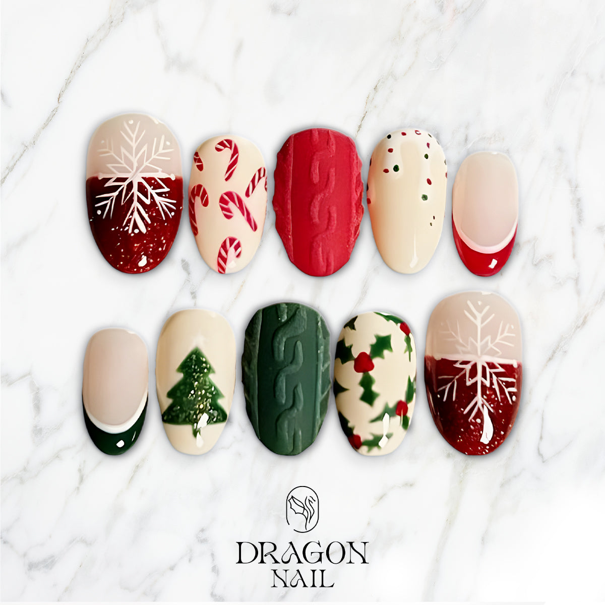 Red &amp; Green Christmas Press-On Nails, Holiday Sweater Nail Set with Tree, Candy Cane &amp; Snowflake Designs — Cozy Festive Nails for Winter