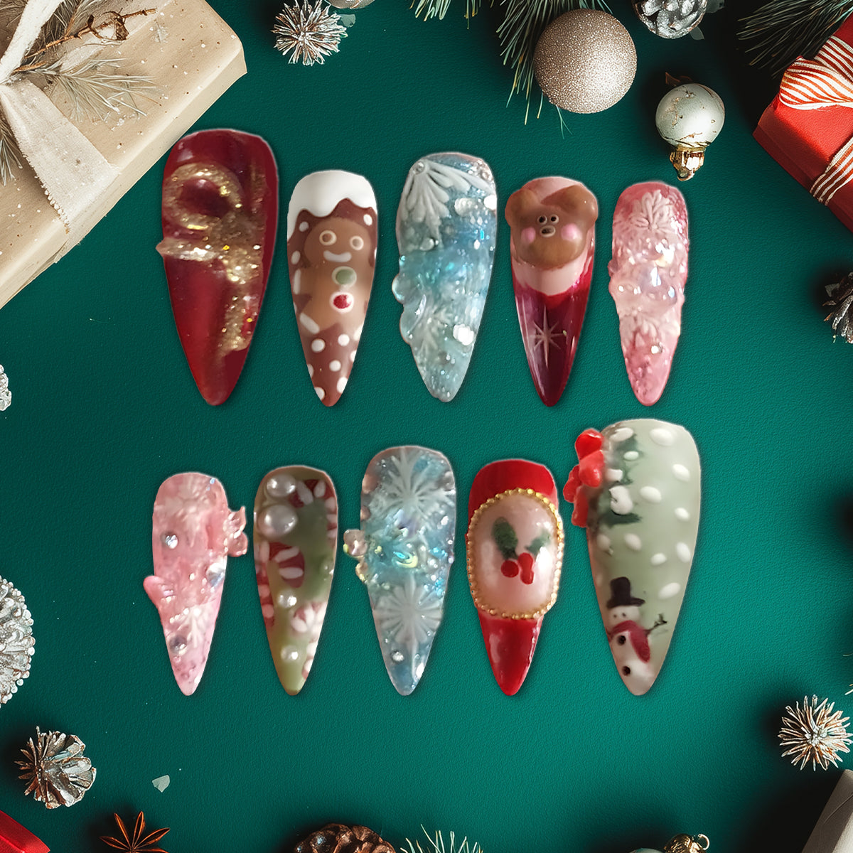 3D Gingerbread &amp; Snowflake Christmas Press-On Nails, Long Stiletto Winter Nail Set with Santa, Snowman &amp; Candy Cane Charms — Holiday Statement Nails