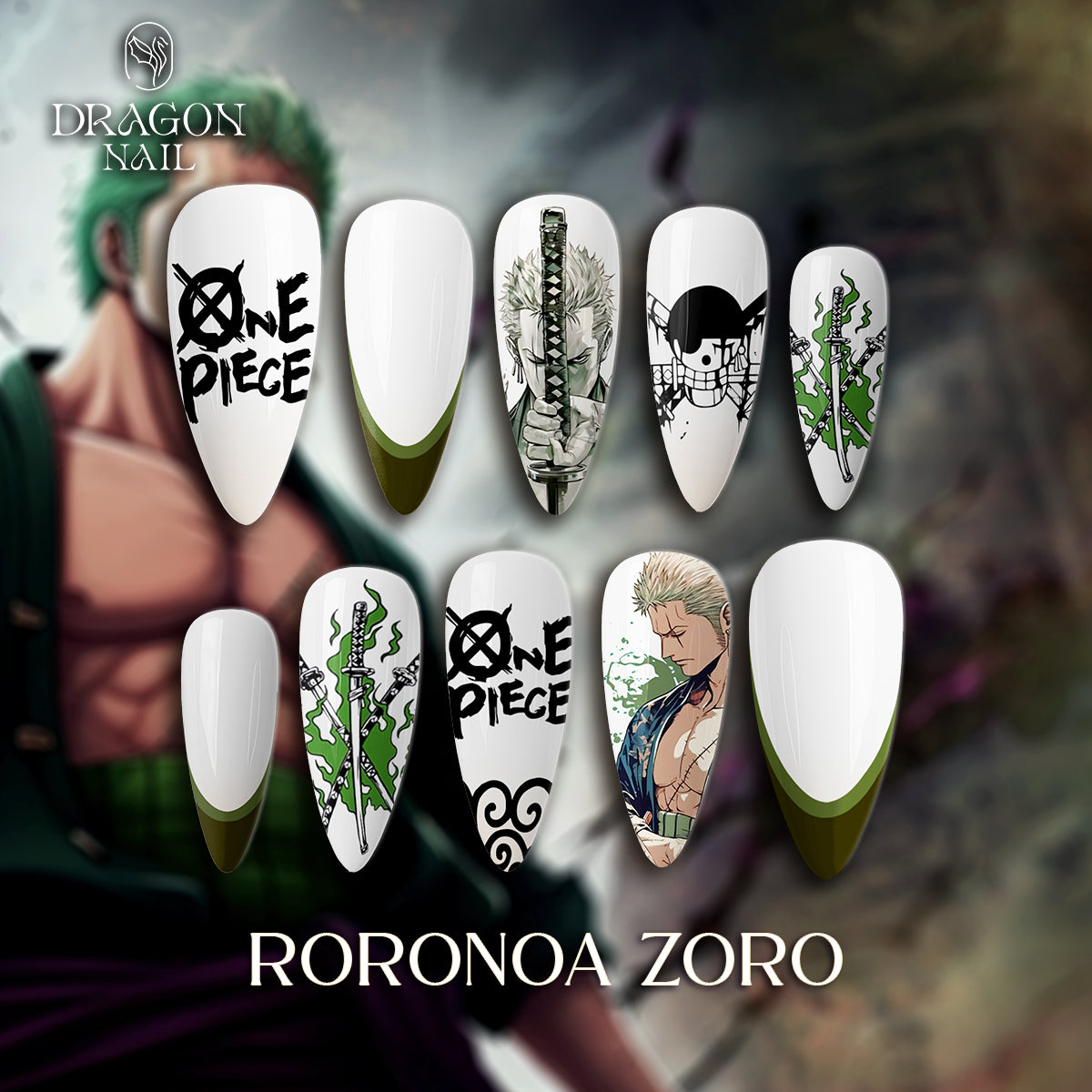 One Piece Nails – Roronoa Zoro Sword Press-On Nail Set, Green Samurai Anime Design | Dragonnail