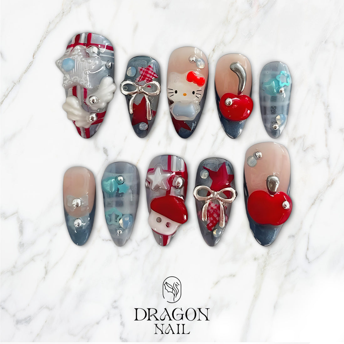 Hello Kitty &amp; My Melody 3D Cherry Nails, Reusable Press-On Set, Kawaii Plaid Winter Look, Limited Edition