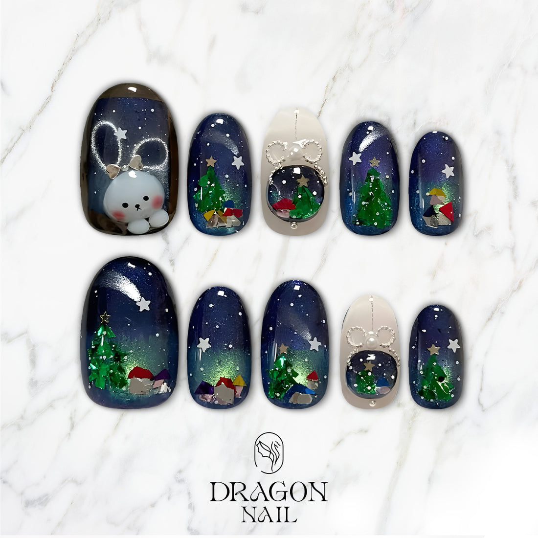 Winter Night Sky Nails, Reusable Press-On Set, Christmas Bunny Design, Limited Edition
