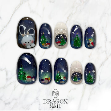 Winter Night Sky Nails, Reusable Press-On Set, Christmas Bunny Design, Limited Edition