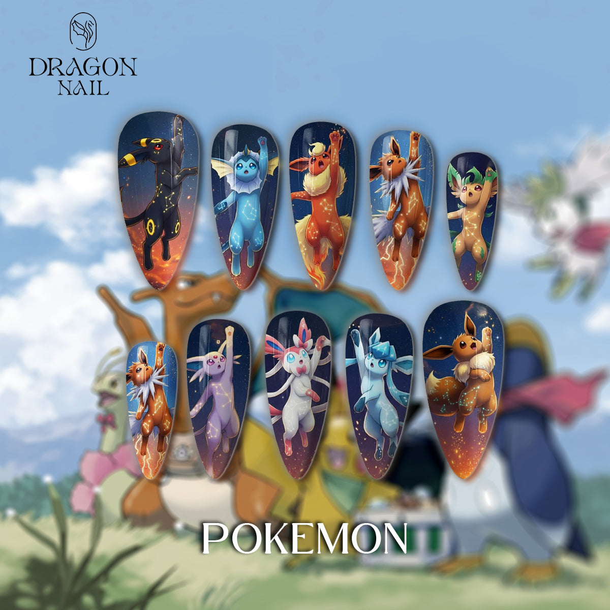 Pokémon Eeveelution Nails – Galaxy Night Press-On Nail Set, Elegant Anime Design | Dragonnail