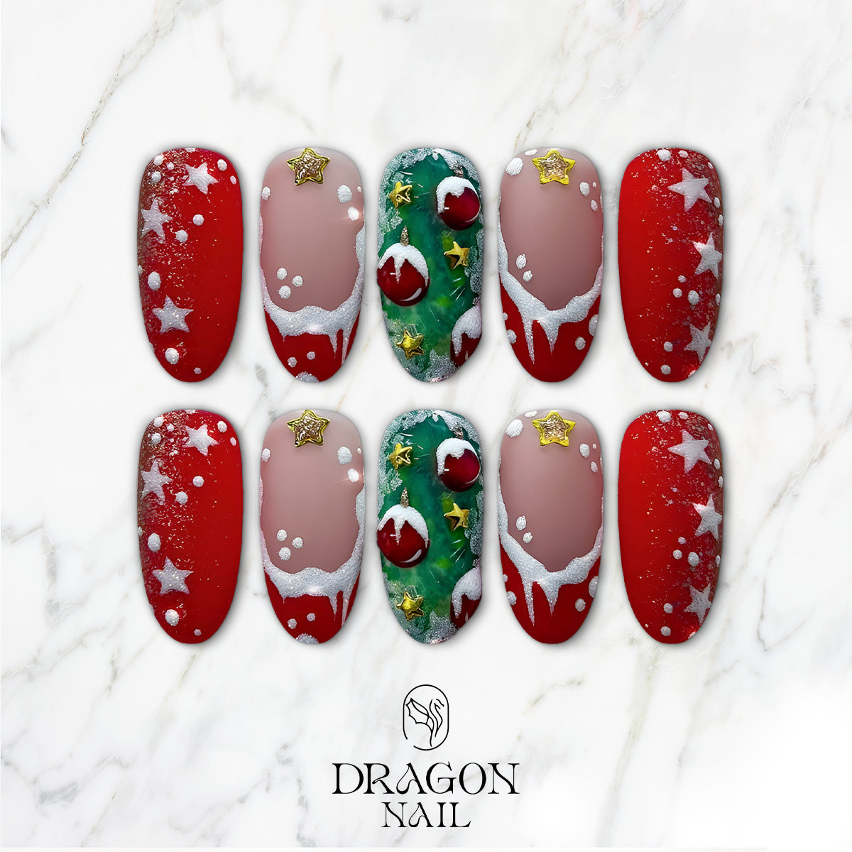 Red Christmas Tree Nails, Reusable Press-On Set, Festive Holiday Snow Look, Limited Edition
