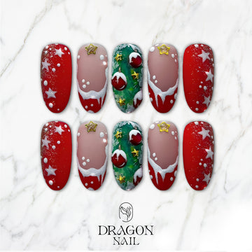 Red Christmas Tree Nails, Reusable Press-On Set, Festive Holiday Snow Look, Limited Edition