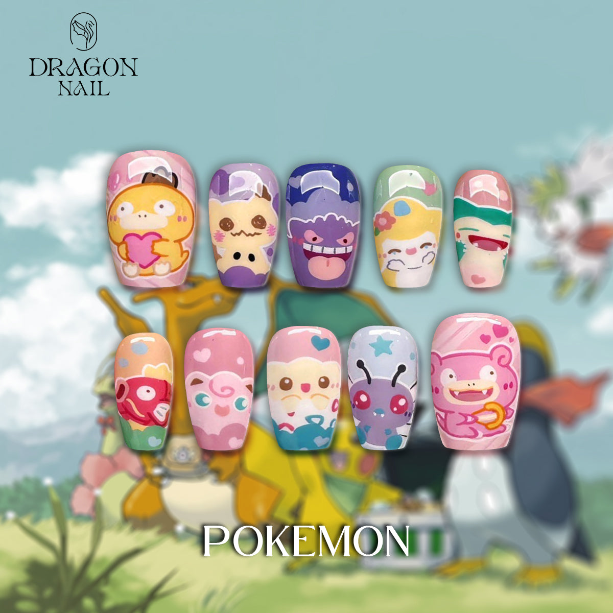 Pokémon Nails – Pastel Funny Faces Press-On Nail Set, Cute Kawaii Anime Design | Dragonnail