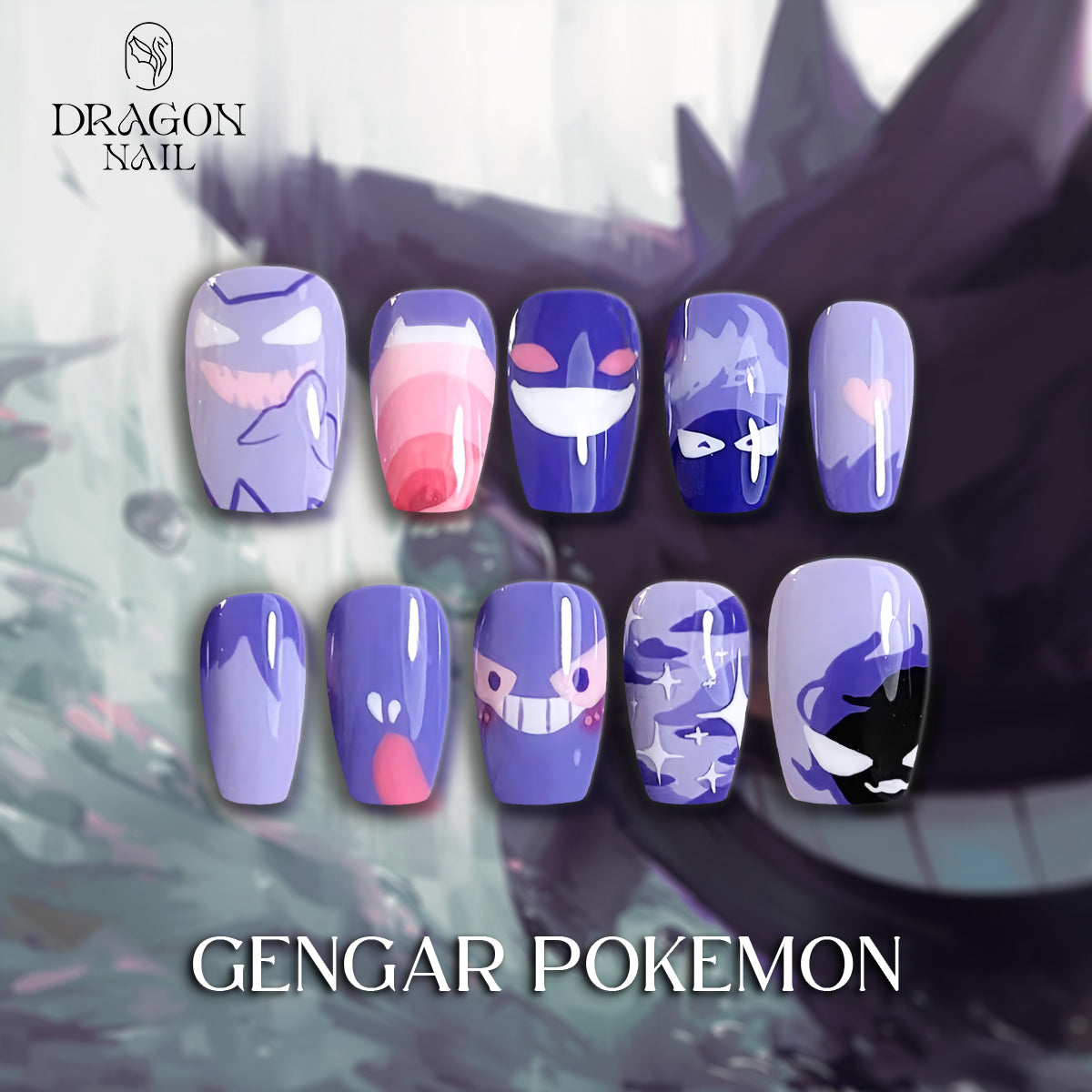 Pokémon Gengar Nails – Purple Ghost Press-On Nail Set, Spooky Cute Anime Design | Dragonnail