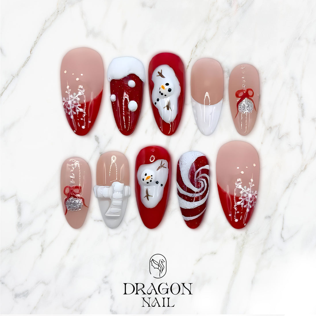 Red Snowman Christmas Nails, Reusable Press-On Set, Candy &amp; Snowflake Design, Limited Edition