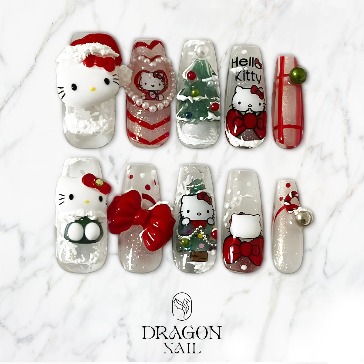 Hello Kitty Christmas Nails, Reusable Press-On Set, 3D Bow &amp; Tree Design, Limited Edition
