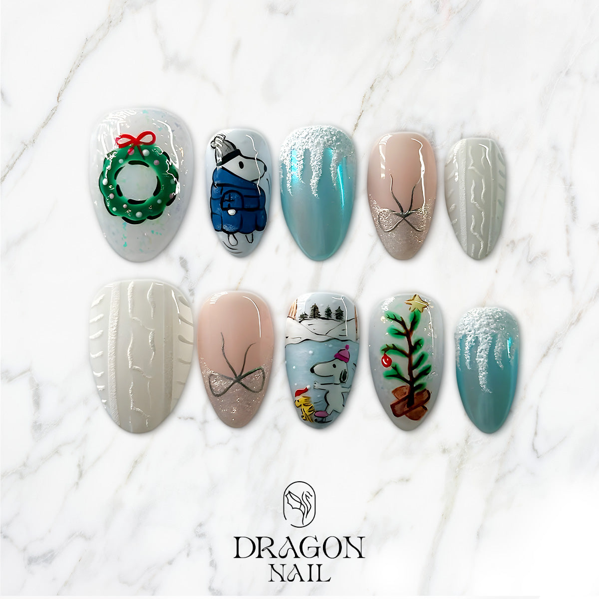 Snoopy Christmas Nails, Winter Wonderland Press-On Set, Blue &amp; White Holiday Design