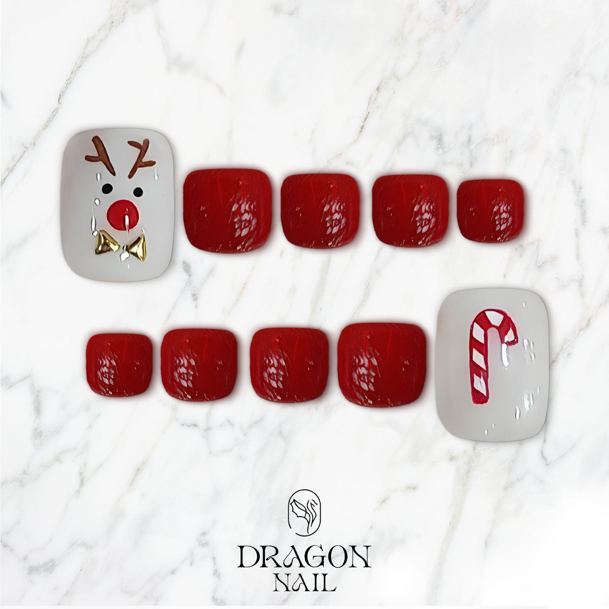 Christmas Pedicure Nails, Red &amp; White Reindeer Toe Nails, Candy Cane Holiday Design