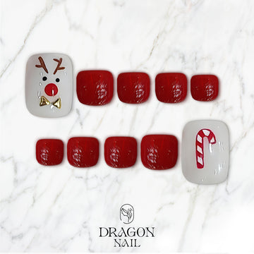 Christmas Pedicure Nails, Red &amp; White Reindeer Toe Nails, Candy Cane Holiday Design