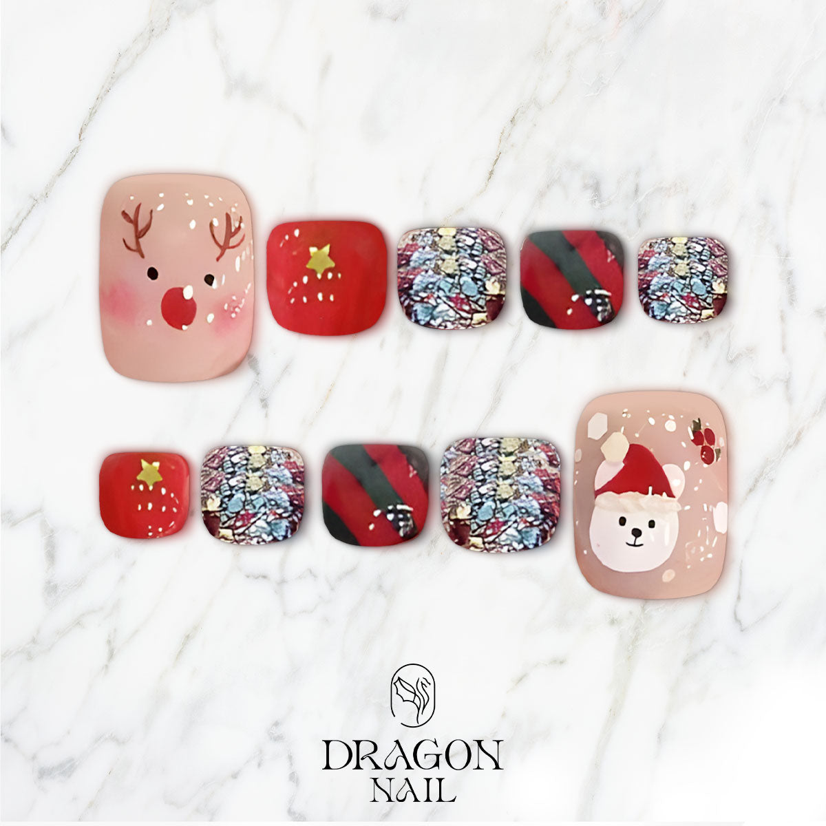 Christmas Pedicure Nails, Cute Reindeer &amp; Snow Bear Toe Nails, Festive Glitter Holiday Design
