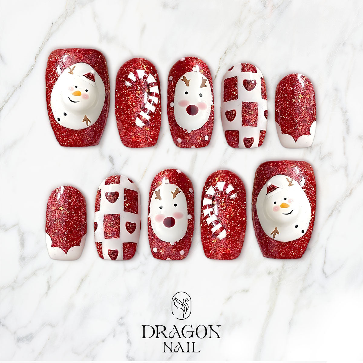 Red Christmas Nails, Glitter Press-On Set, Reindeer &amp; Snowman Design, Holiday Edition