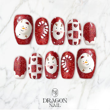 Red Christmas Nails, Glitter Press-On Set, Reindeer &amp; Snowman Design, Holiday Edition