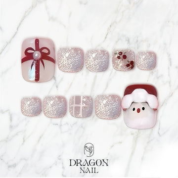 Christmas Pedicure Nails, Santa &amp; Gift Box Toe Nails, Silver Glitter Holiday Set