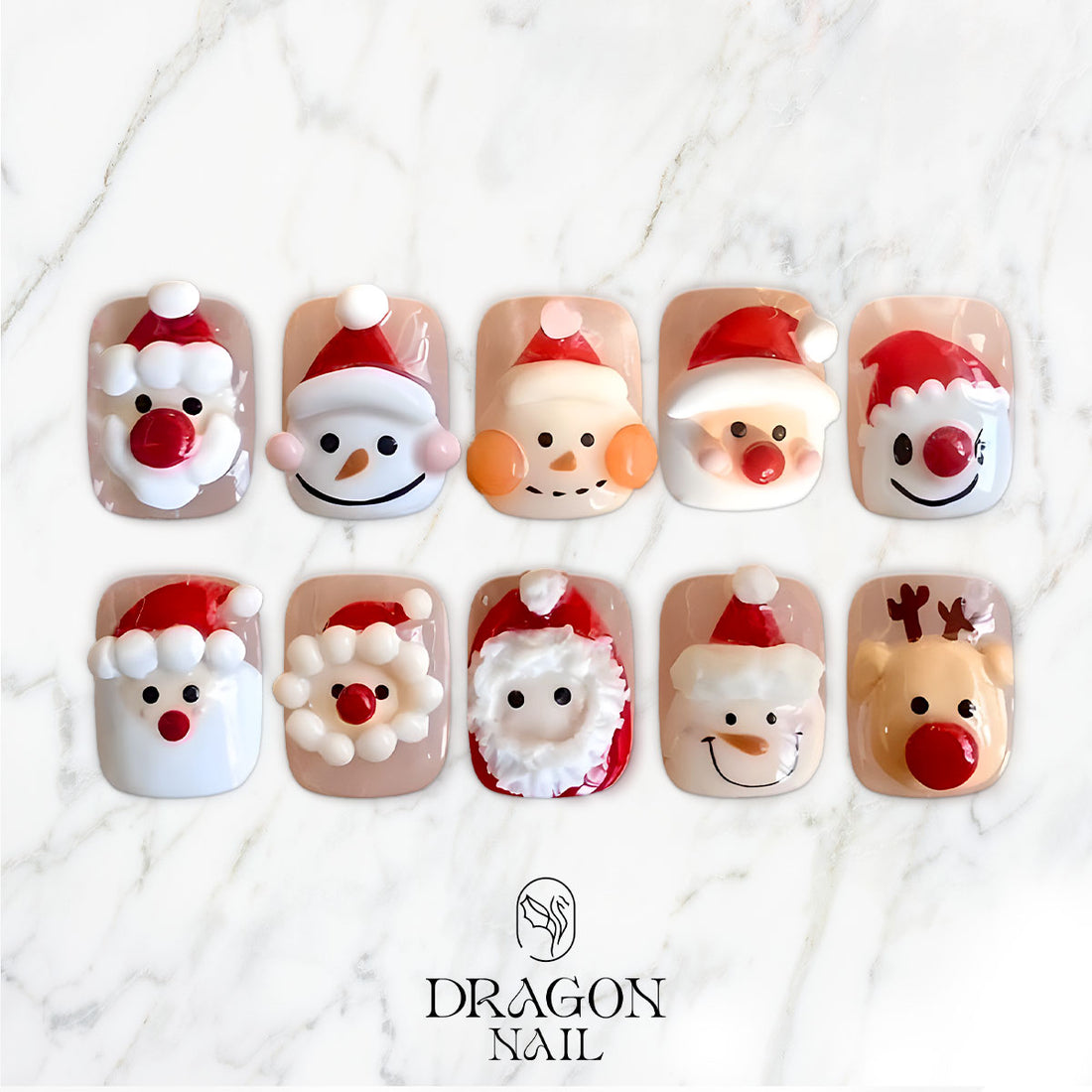 3D Christmas Nails, Santa &amp; Reindeer Press-On Set, Cute Holiday Handmade Design