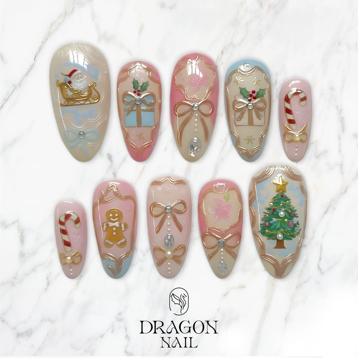 Pastel Christmas Nails, Vintage Holiday Press-On Set, Pink &amp; Gold Gift Box Design