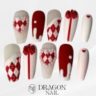 Christmas  Red Argyle Heart Press-On Nails, Cute Valentine Nail Set with 3D Bows, Pearls &amp; Dripping Snow Effect