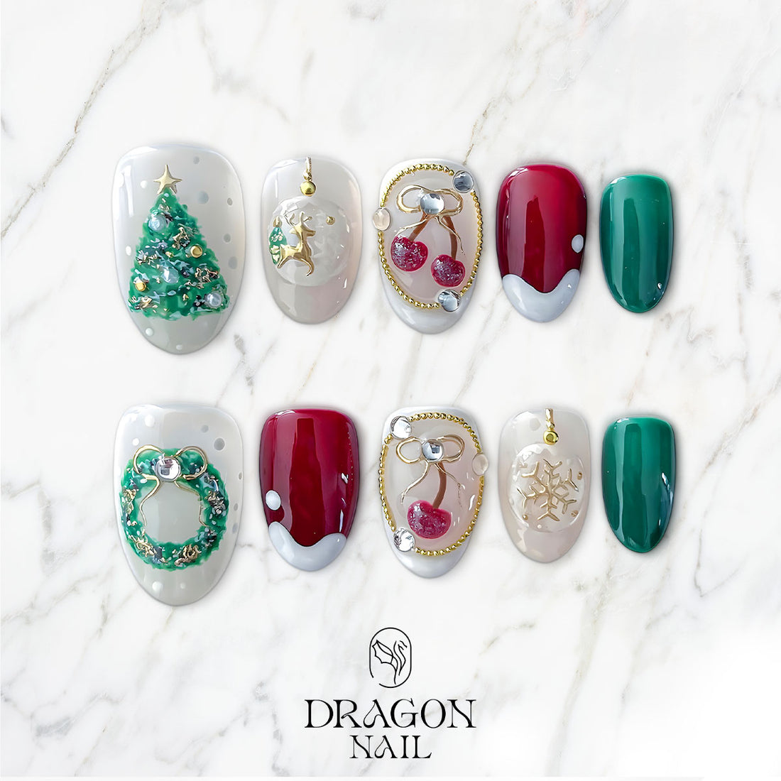 Classic Christmas Nails, Red Green &amp; White Press-On Set, 3D Tree &amp; Wreath Holiday Design