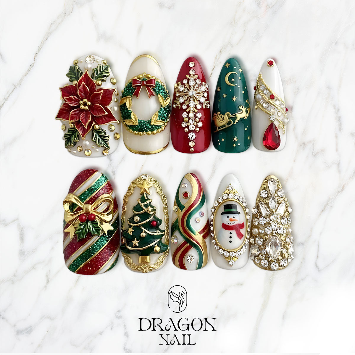 Luxury Christmas Nails, Red Green Gold Rhinestone Press-On Set, 3D Tree &amp; Snowman Design