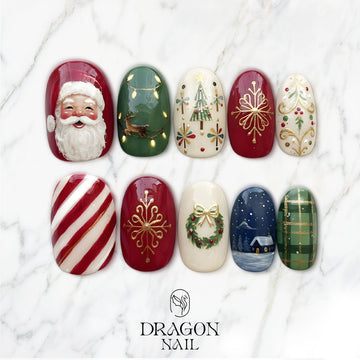 Classic Christmas Nails, Santa &amp; Reindeer Press-On Set, Red Green Holiday Design