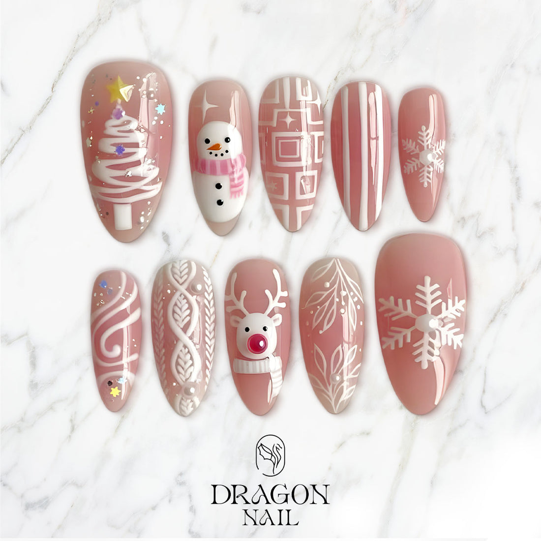 Pink Christmas Nails, Cute Reindeer &amp; Snowman Press-On Set, Winter Knit Design