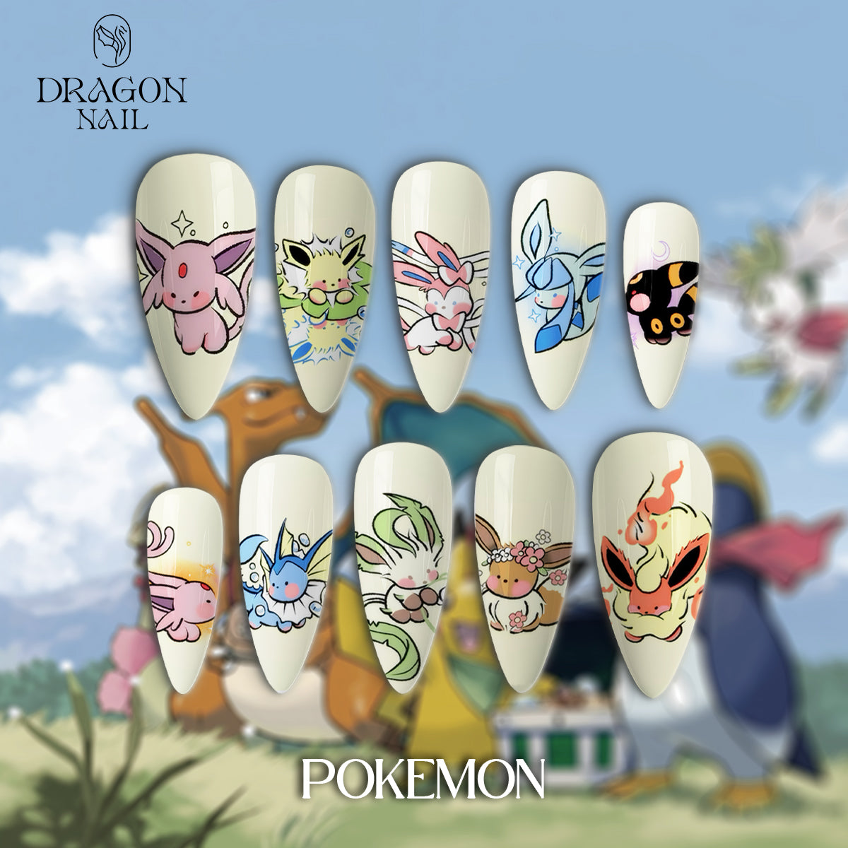 Pokémon Eeveelution Nails – Floral Pastel Press-On Nail Set, Cute Anime Design | Dragonnail