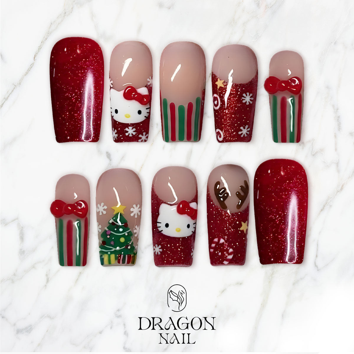 Hello Kitty Christmas Nails, Red Glitter Press-On Set, Cute Holiday Tree &amp; Reindeer Design