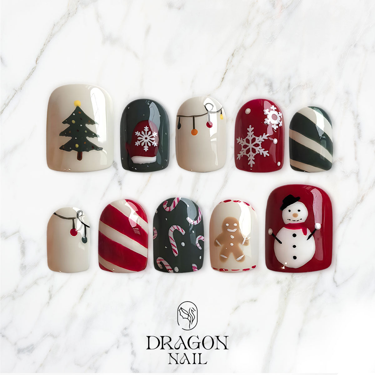 Gingerbread Christmas Nails, Red White Press-On Set, Cute Snowman &amp; Candy Cane Design