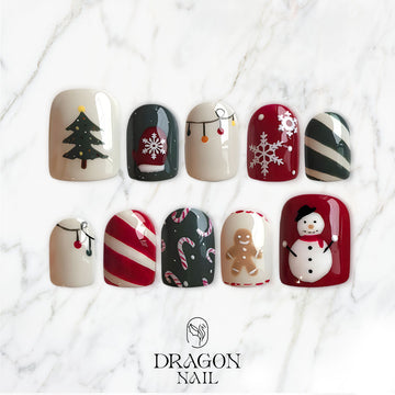 Gingerbread Christmas Nails, Red White Press-On Set, Cute Snowman &amp; Candy Cane Design