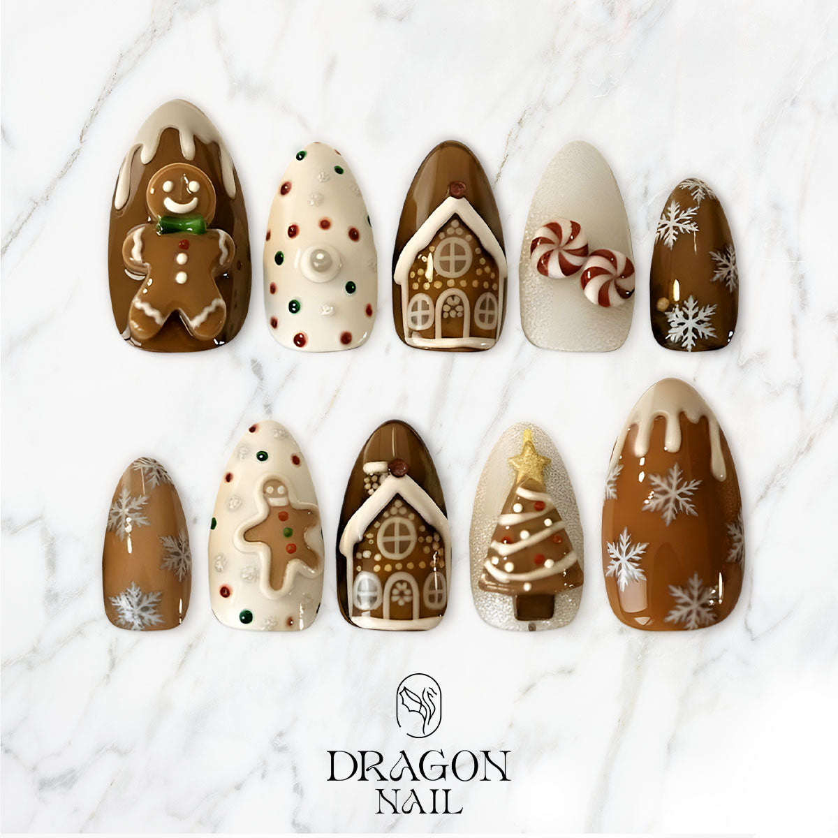 Gingerbread House Christmas Nails, Brown Press-On Set, Cookie &amp; Snowflake Design